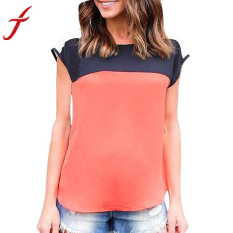 Summer Blouse Sexy Lady Vest Top Sleeveless Patchwork Shirt Casual Crop Tops Orange Pink Shirt