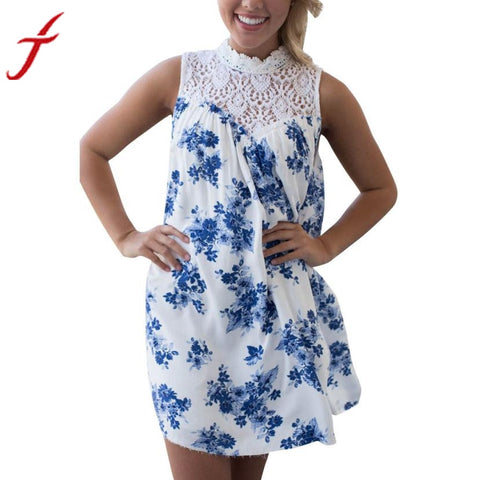 Beachwear Summer Dress Women Sleeveless Blue Floral Printed
