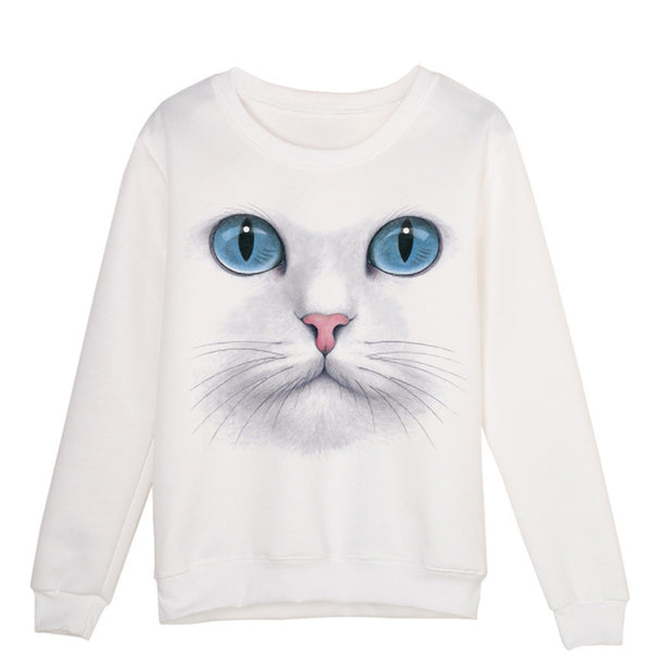 Women 3D Beads Cat Sweatshirt O Neck Pullovers Long Sleeve Blouse Tops