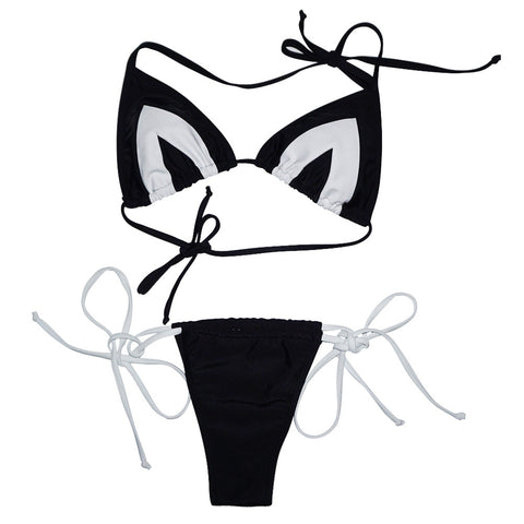 Women Two Piece Bikini Set Triangle Halter Neck Color Block Padded Bandage Low Waist Sexy Swimsuit